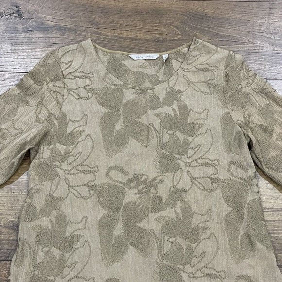 Soft Surroundings Tunic Top Size XS Petite Embroidered Asymmetric Tan 3/4 Sleeve - Picture 2 of 12